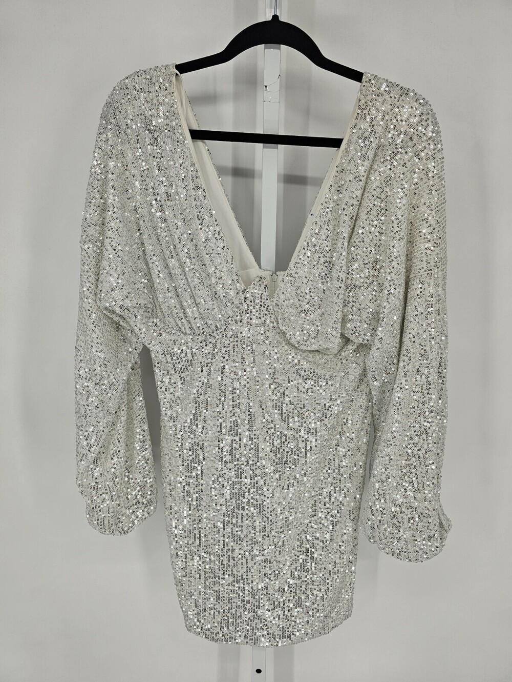 Fashion Nova Silver Sequin Plunge Long-Sleeve Mini Dress